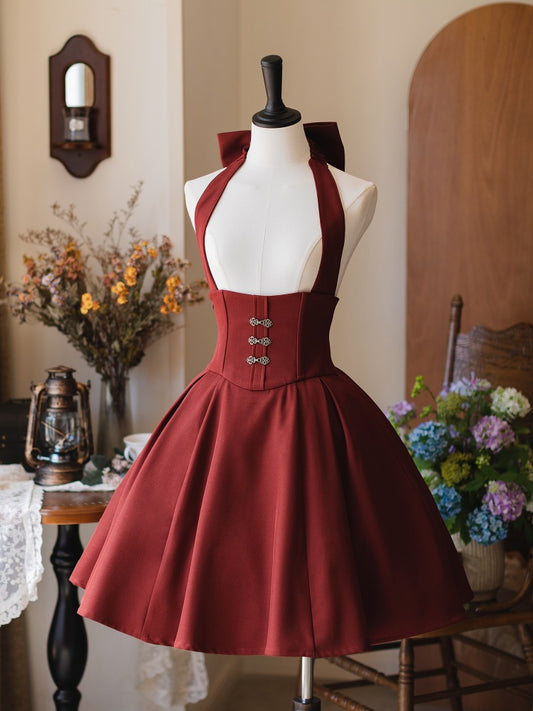 Red Short Version Autumn Vintage Detachable Halter Strap Boned High Waist Skirt