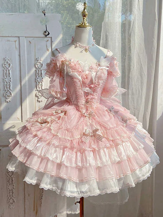 Theme Pink Tulip Lolita Dress Balletcore Hime Layered Skirt