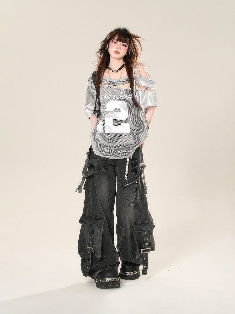 Black Distressed Holes Buckle Wide-Leg Jeans Cargo Pockets Straps