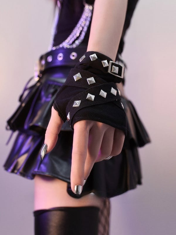 Gothic Black Cyberpunk Studs Gloves