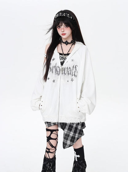 Zip-up Hooded Jacket with Distressed Holes and Cutout Shoulder White/Black