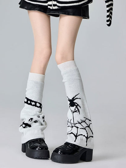 Black/White Spider Pattern Knitted Leg Warmers