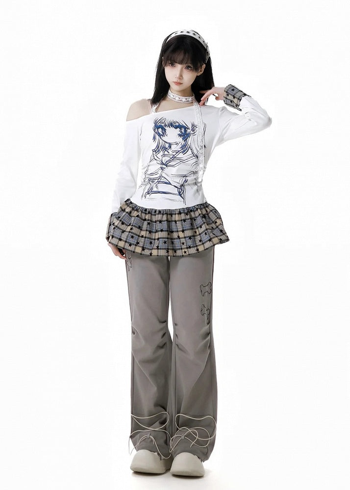 Asymmetrical Neckline Anime Girl Print Plaid Patchwork White/Red Design Top