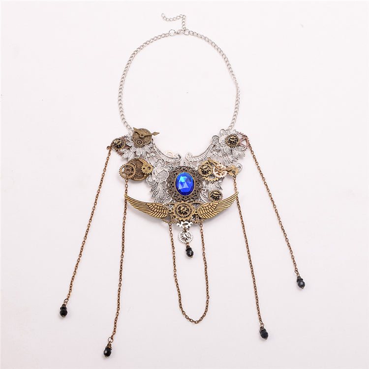 Steampunk Gear Clock Wing Necklace