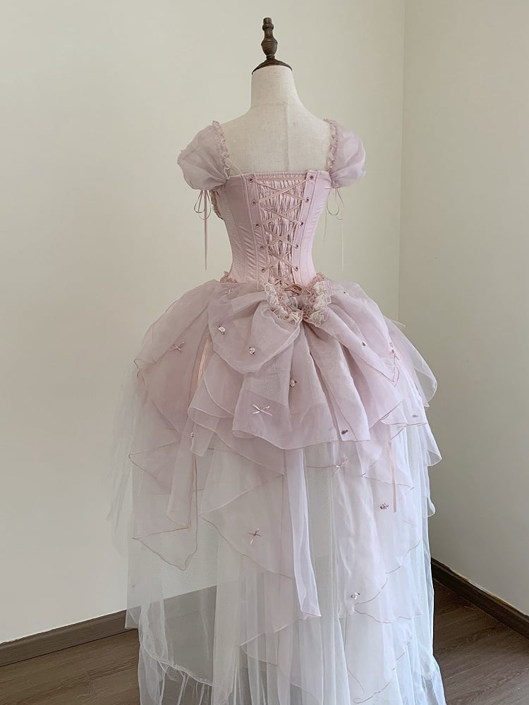 Sleeves Layered Outfit Top Corset Balletcore Ruffle Pink Boned Puff Princess Lolita + Skirt