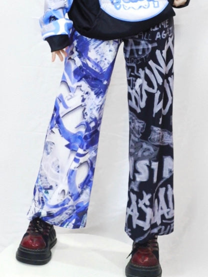 Wide-leg Pants Letter Y2K BlueBlack Print Cut