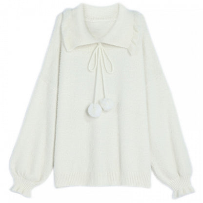 Pompons Decorated Pullover White Sweater