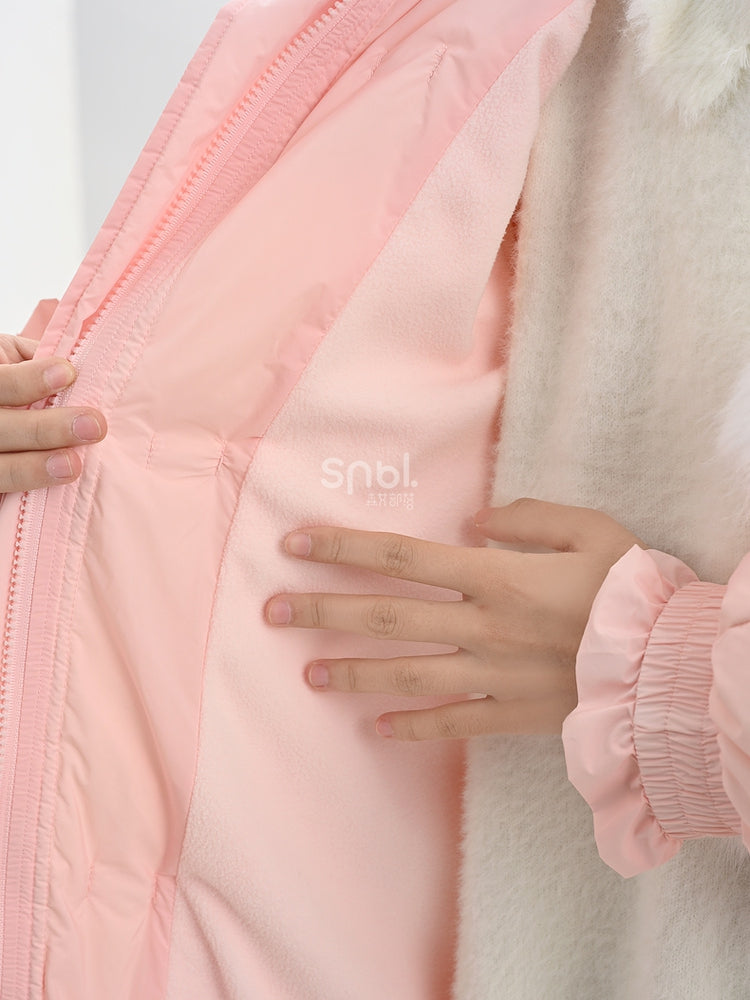 Pink Hooded Down Bowknot Horn Shaped Button Coat