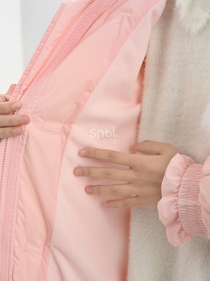 Pink Hooded Down Bowknot Horn Shaped Button Coat