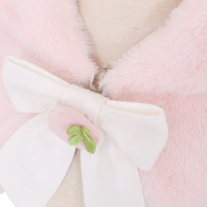 Cape à capuche en peluche avec oreilles de lapin roses et nœud en forme de fraise