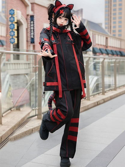 Black and Red Jirai Kei Techwear Landmine Style Pants