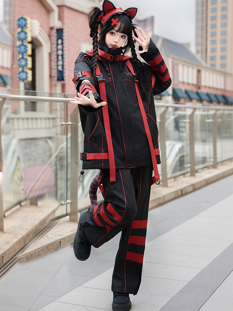 Black and Red Striped Futuristic Cyber Fashion Outfit - Windbreaker Jacket + Shorts/Pants + Leg Warmers Full Set