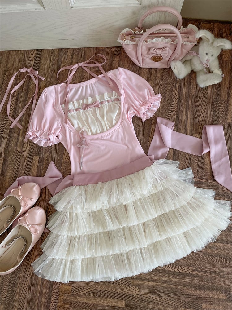 Beige Tulle Balletcore Self-tie Tiered Skirt Bow with