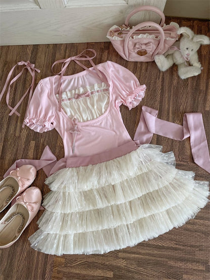 Beige Tulle Balletcore Self-tie Tiered Skirt Bow with