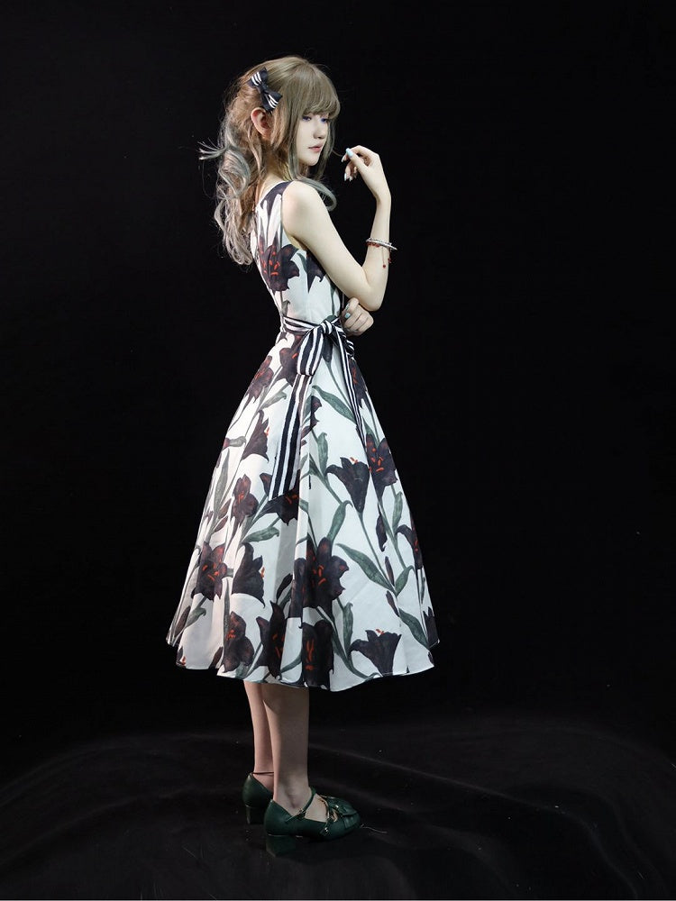 with Lily Lolita Accents White Print Ribbon Striped Black Dress