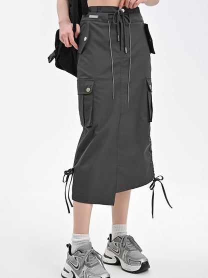 ウエストとグレーのドローストリングカーゴスカート裾アシンメトリービタースイート