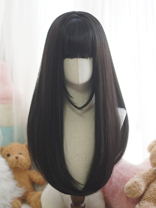 Black/White/Light Blonde/Blonde/Caramel/Grey Long Straight Wig With Full Bangs
