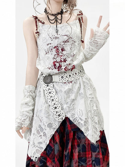 Ärmel mit weißem Design, Ausschnitt, Cami-Print-Kleid, Details Y2K