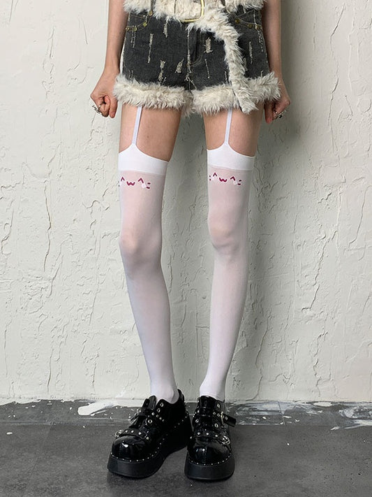 Y2K White Kitty Print Suspender Tights