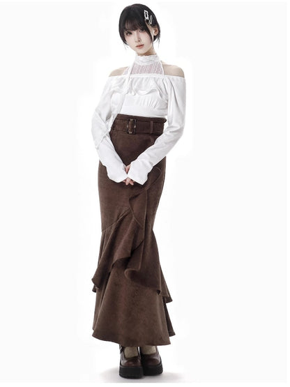 Coffee High Waist Flounce Hem Mermaid Skirt