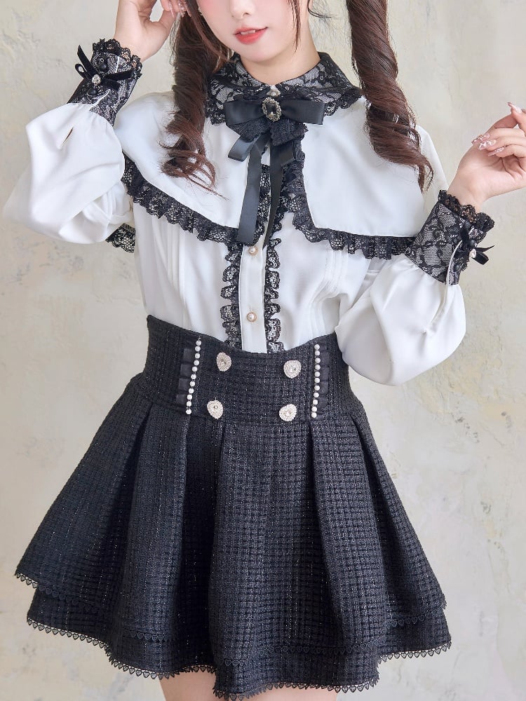 Tweed Waist Black Skirt Jirai Kei Heart Rhinestones High