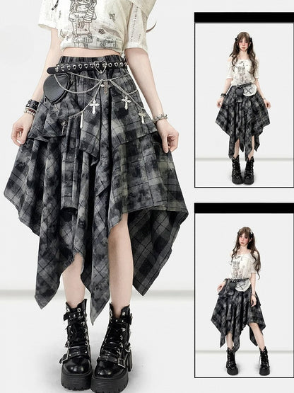 Handkerchief Dark Hem Plaid Skirt Pattern Bittersweet Gray