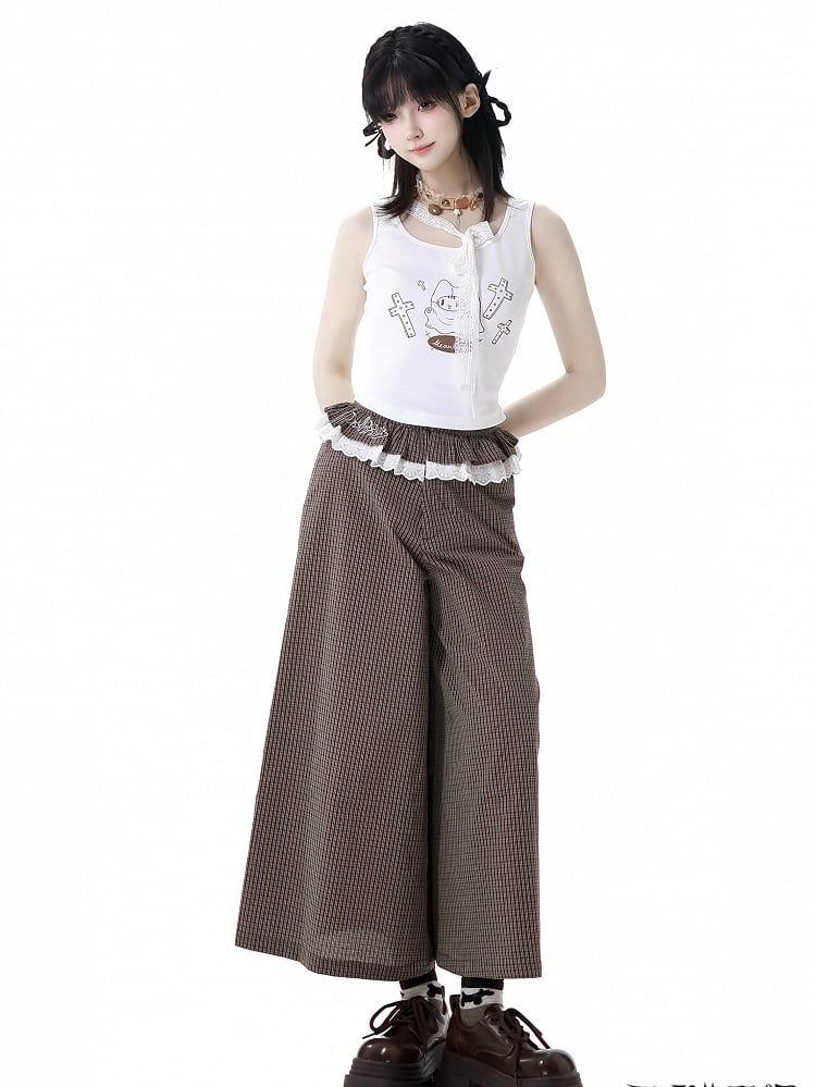 Ruffled Lace Trim Waist Wide-Leg Pants Brown Plaid