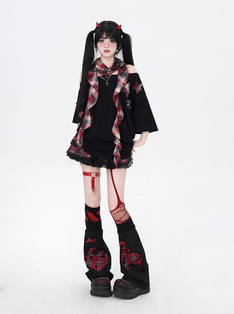 Glamorous Scarf Neckline with T-Shirt Red Plaid Star Appliques Black Asymmetrical