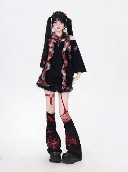 Glamorous Scarf Neckline with T-Shirt Red Plaid Star Appliques Black Asymmetrical
