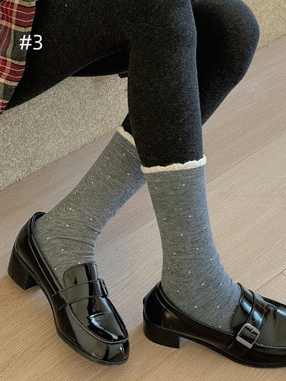 Polka-dot Pattern Ruffled Cuff Calf Socks