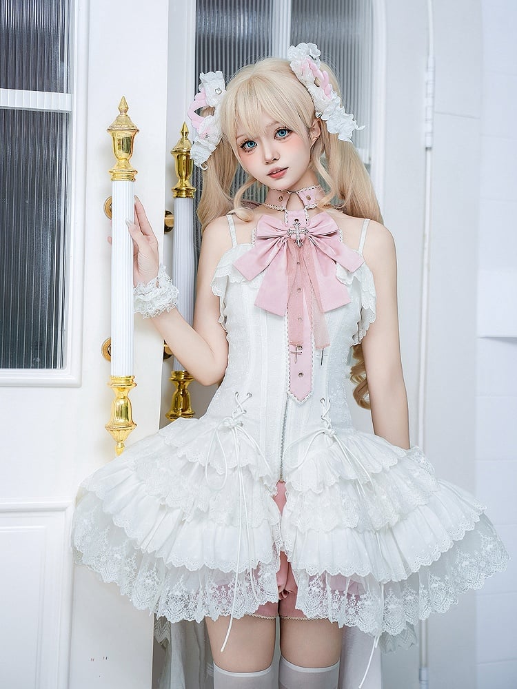 Straps Spaghetti JSK Lolita Pink Balletcore White Corset + Dress