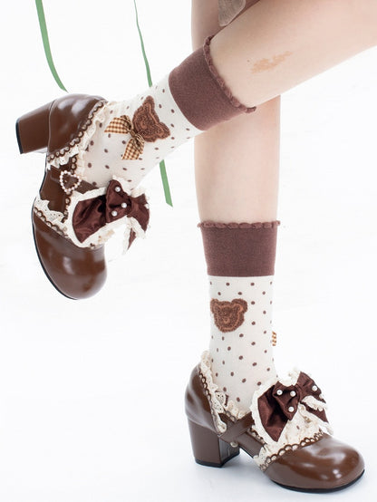 Brown Beaded Lolita Leather in Bow Trim Mid-heel Janes Heart Lace with Beads Mary Buckle Decorated PU