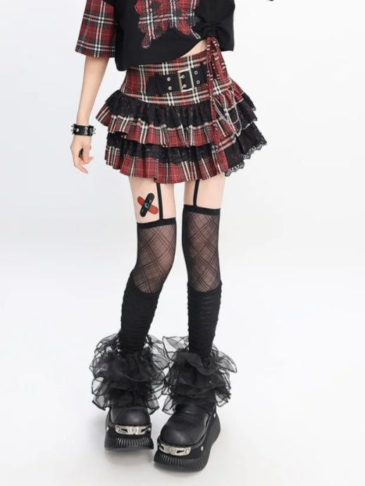 Tiered Skirt Lined Strap Trim Y2K Red Plaid Buckle Lace