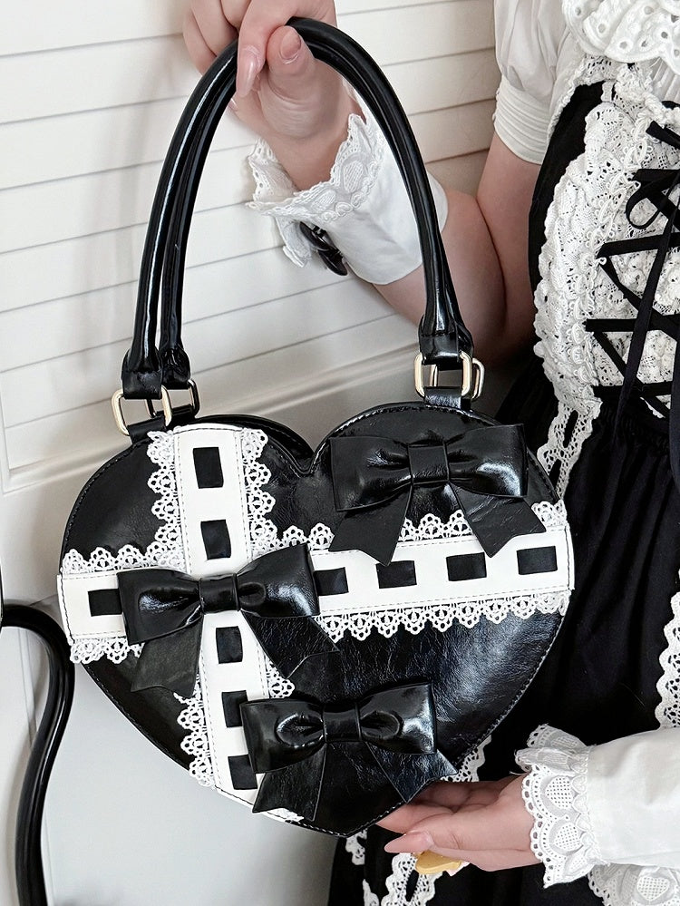 PU Hem Bow Sweet Straps Heart-shaped Hand Accents Bag Black Scalloped - Lolita
