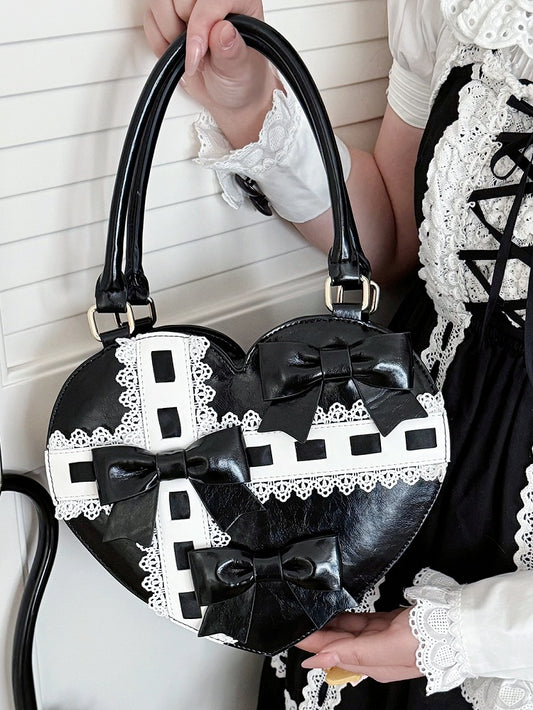 PU Hem Bow Sweet Straps Heart-shaped Hand Accents Bag Black Scalloped - Lolita