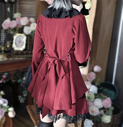 Black Gothic Red and Lace Trim Cross Adorned Pointed Flat Collar Bell Sleeves Top with Tiered Skirt Outfit Set -