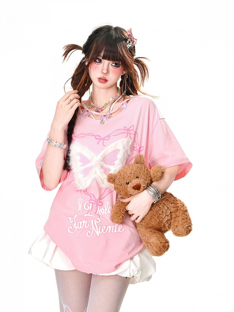 Butterfly Design Neckline Plush Butterfly Pink/Black Graphic T-shirt