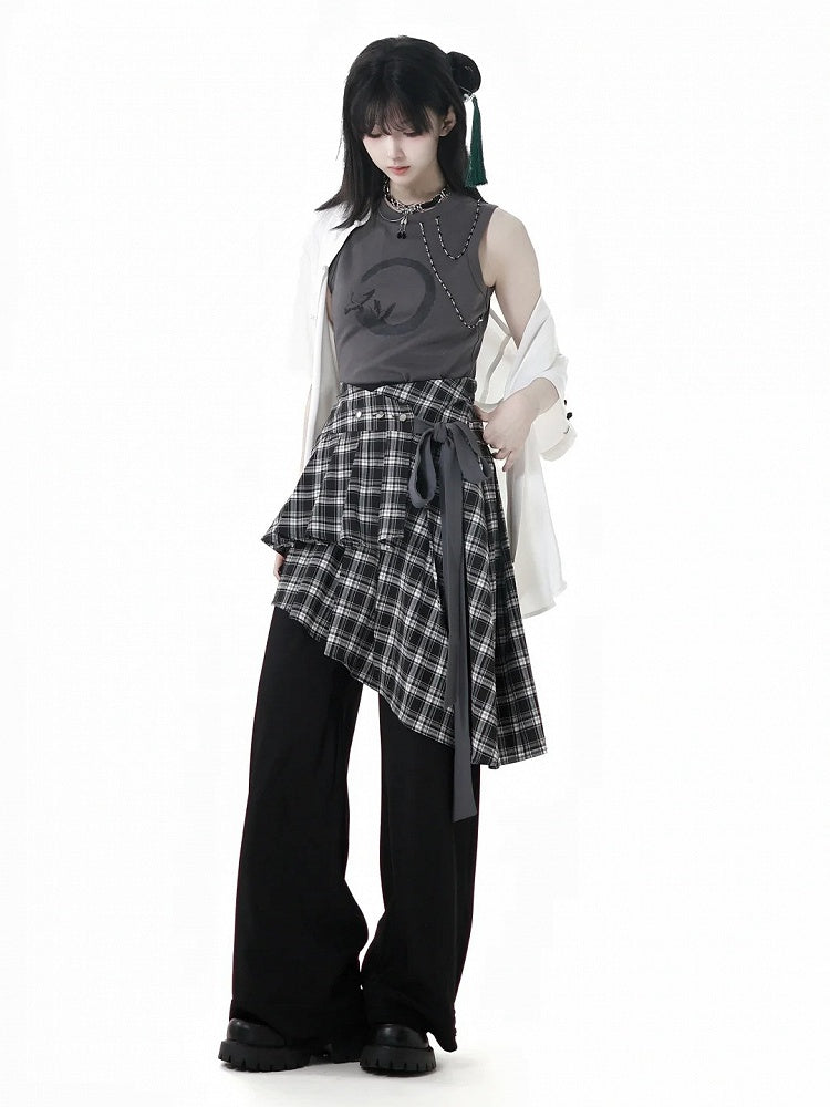 Plaid Skirt with Self-Tie Strap Black and White Asymmetrical Flounce Hem