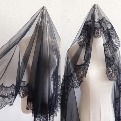 Veil with Hollow-out Lolita Trim Tulle Black/White Lace