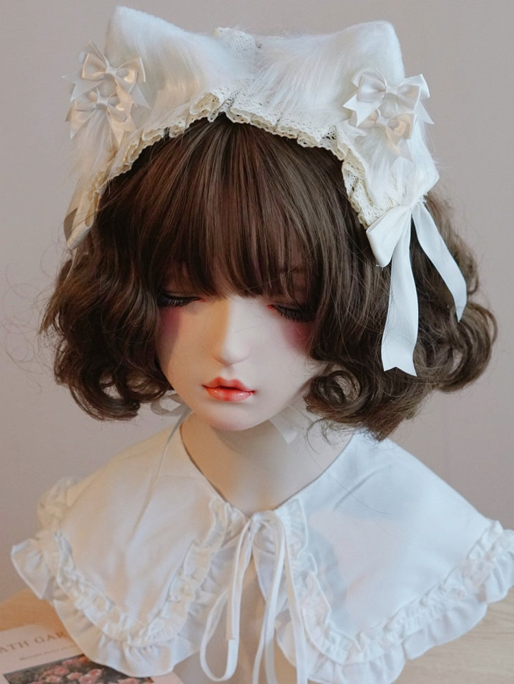White Cat Lace Bowknot Details Ear Hairband Trim