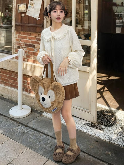 Apricot Peter Pan Collar Balloon Sleeves Lace Blouse