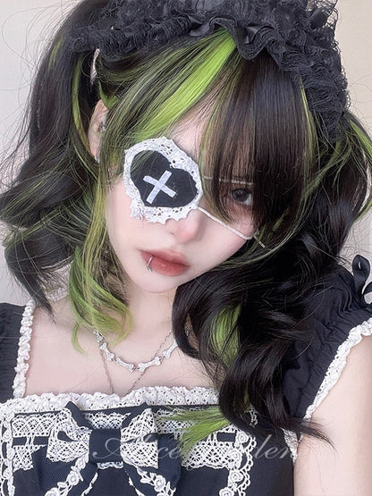 Black And Green Highlights 60CM Long Wavy Wig With Bangs