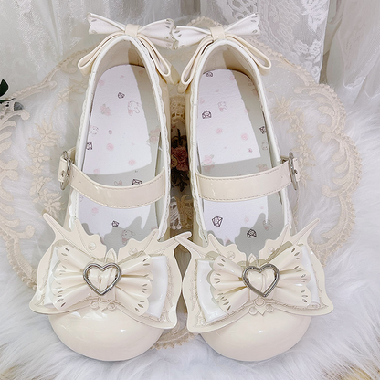 Sweet Lolita Apricot Bowknot Heart Buckle Strap Block Heel Mary Janes