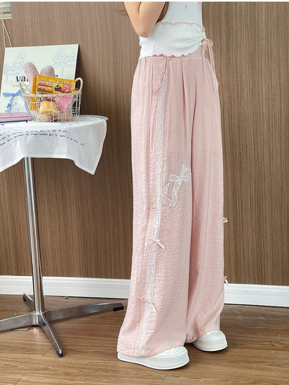 Sweet Regular/Short Pink High Version Waist Wide-Leg Pants Bowknot Embroidery