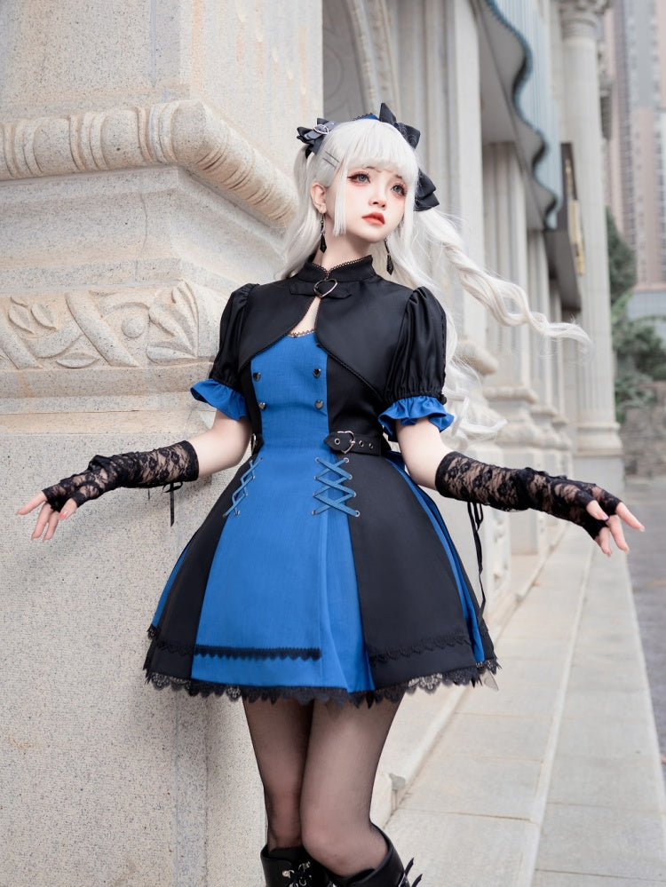 Black and Dark Blue Punk Idol Lolita Dress Lolita Cropped Top Set