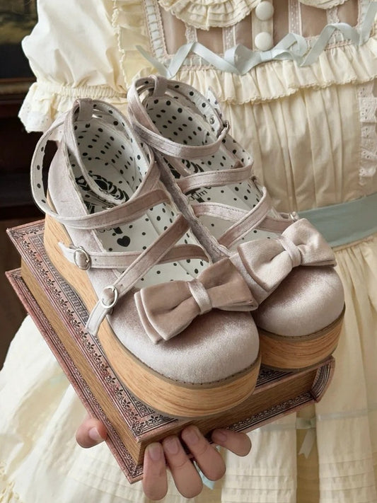 Heel with for Beige - Straps Janes Crossed Sweet Bow Platform Decor Lolita Mary
