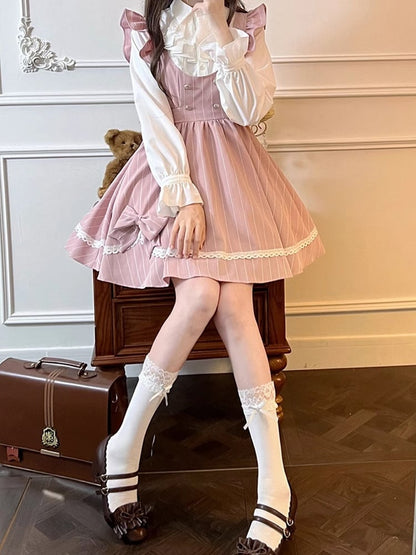 Pink Sweet Bowknot Lace Scoop Neckline Above Knee Striped Dress