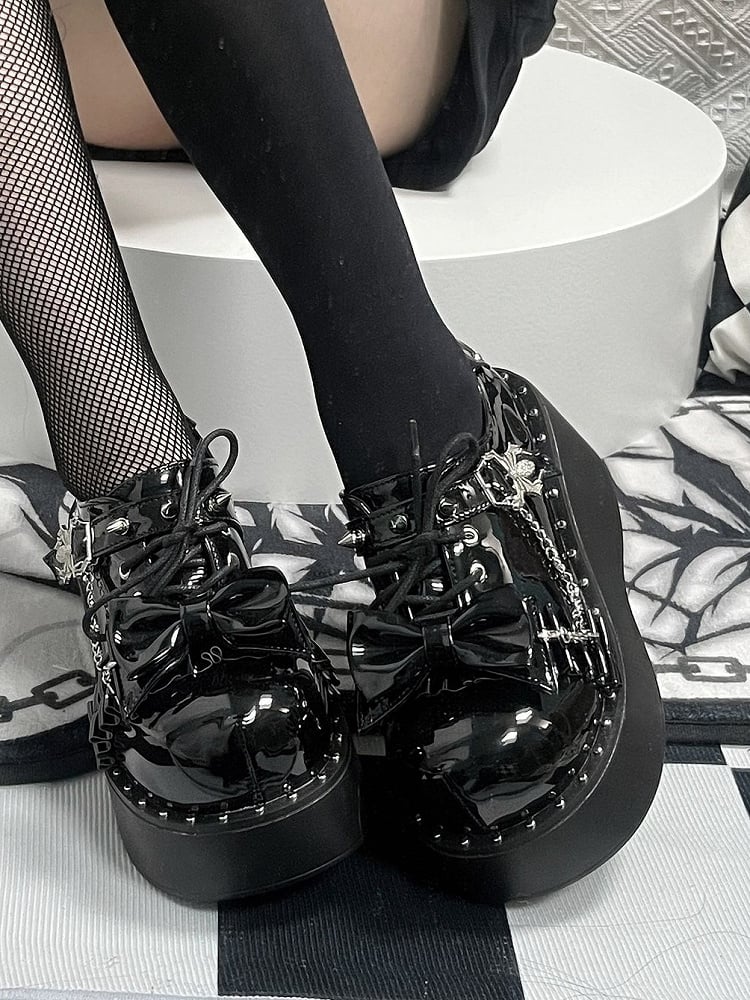 Y2K Polished Black Stud Bowknot Spider Punk Platform Shoes