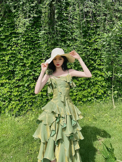 Green Asymmetrical Layered Flounce Spaghetti Strap Prom Dress Evening Gown