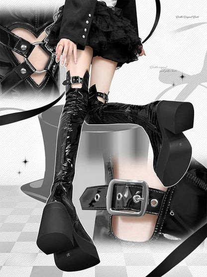 Polished Black Heart-shaped Cutout Detail Gothic Thigh-high Boots